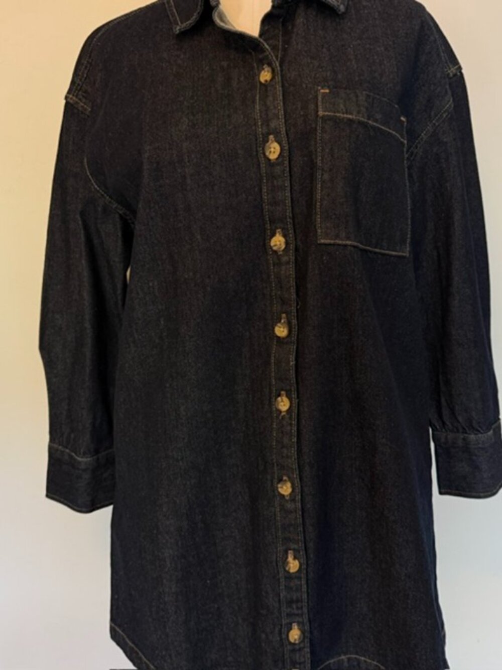 Old Navy Women's Denim Shirt Dress Blue Dark M Petite 3/4 Sleeve Patch Pocket